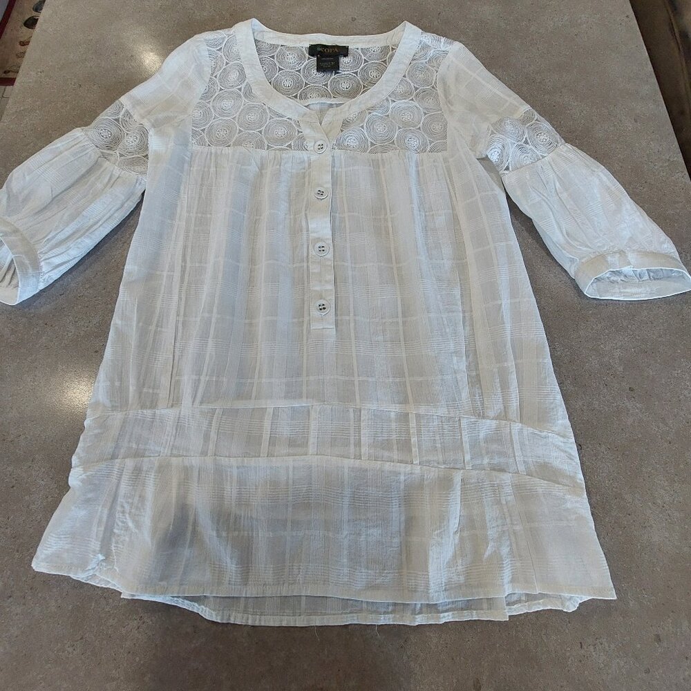 KOPA Women's White 100% Cotton Button Down Tunic w/Lace Trim - XS